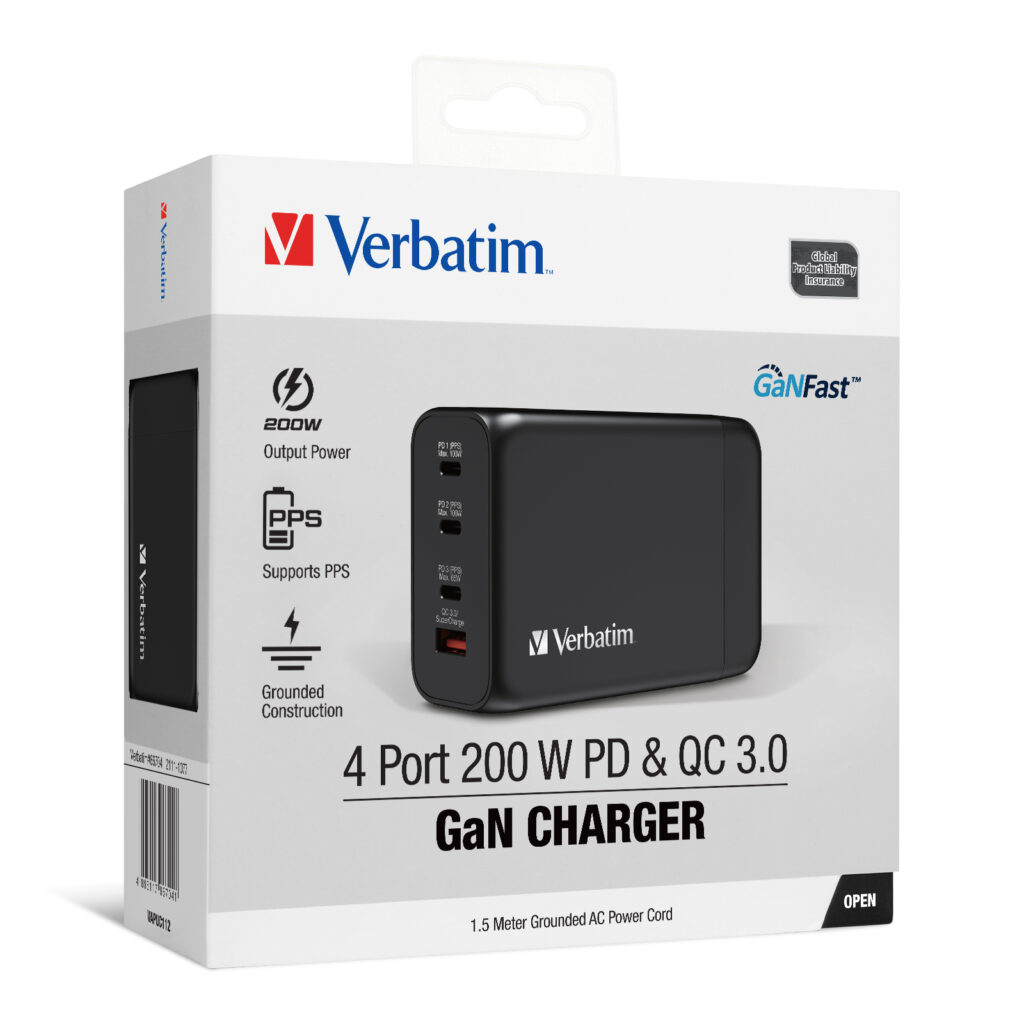 4 Port 200W PD 3.0 & QC 3.0 GaN Charger (AC Power Cord) Verbatim Hong