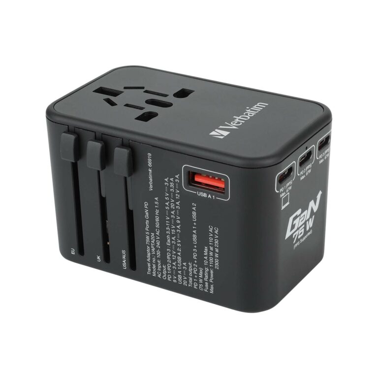 5 Port 75W PD 3.0 & QC 3.0 GaN Universal Travel Adaptor Verbatim Hong