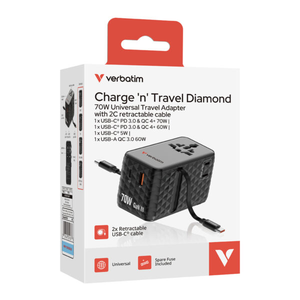 Charge 'n' Travel Diamond 70W Universal Travel Adapter with 2C retractable cable (CNT-70/2C) - Image 8
