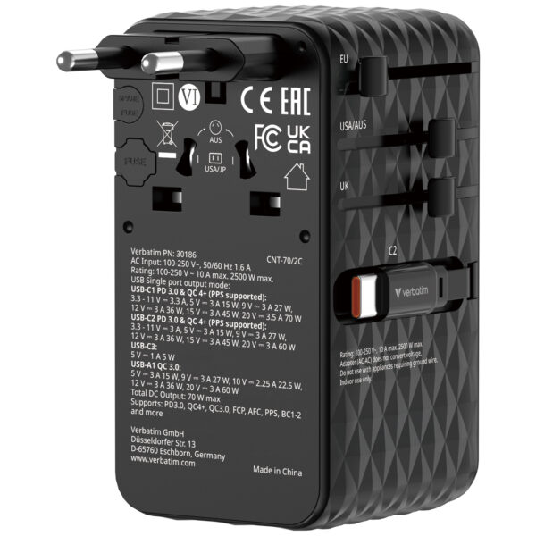 Charge 'n' Travel Diamond 70W Universal Travel Adapter with 2C retractable cable (CNT-70/2C) - Image 4