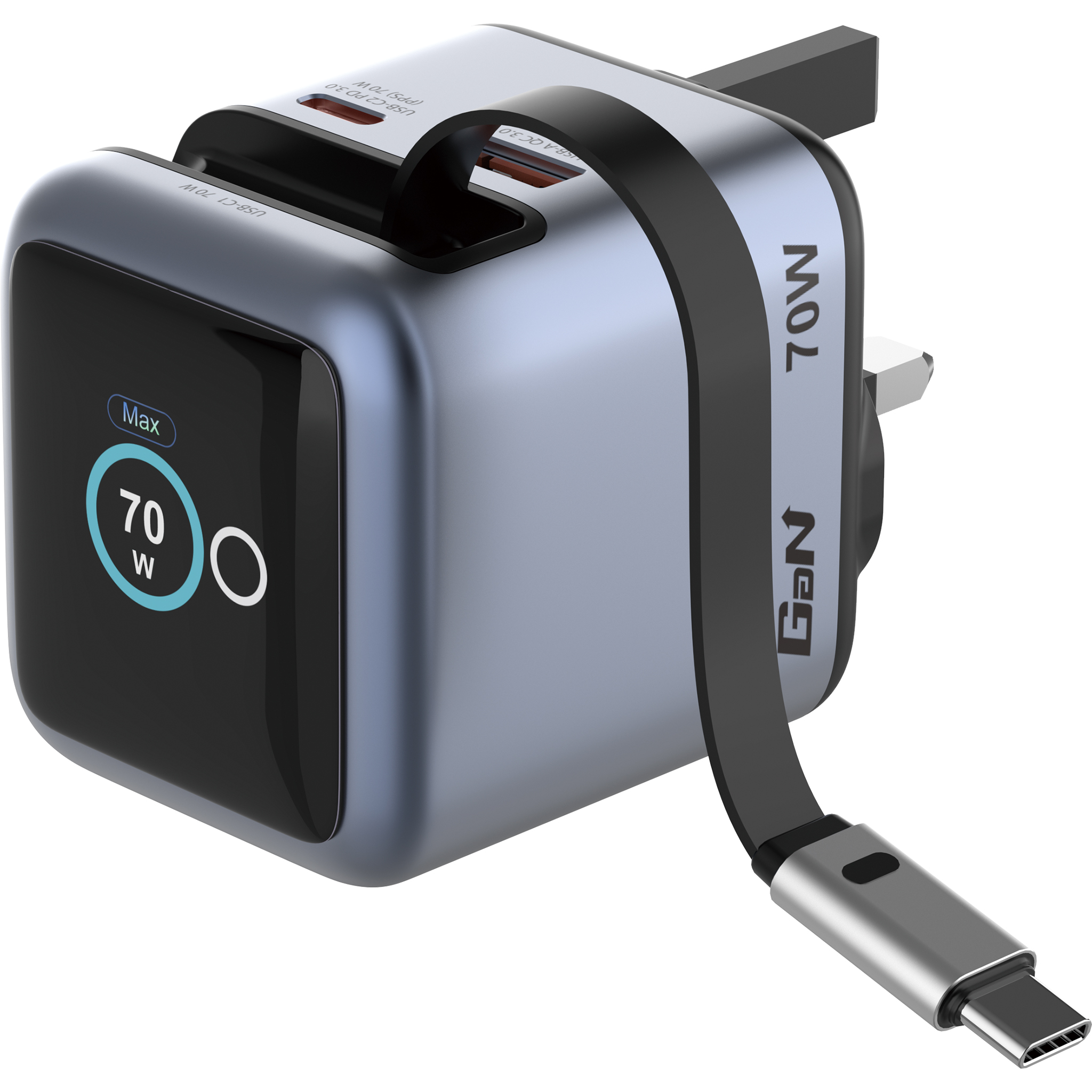 70W Mini GaN Charger with Retractable Cable and Display - Image 3